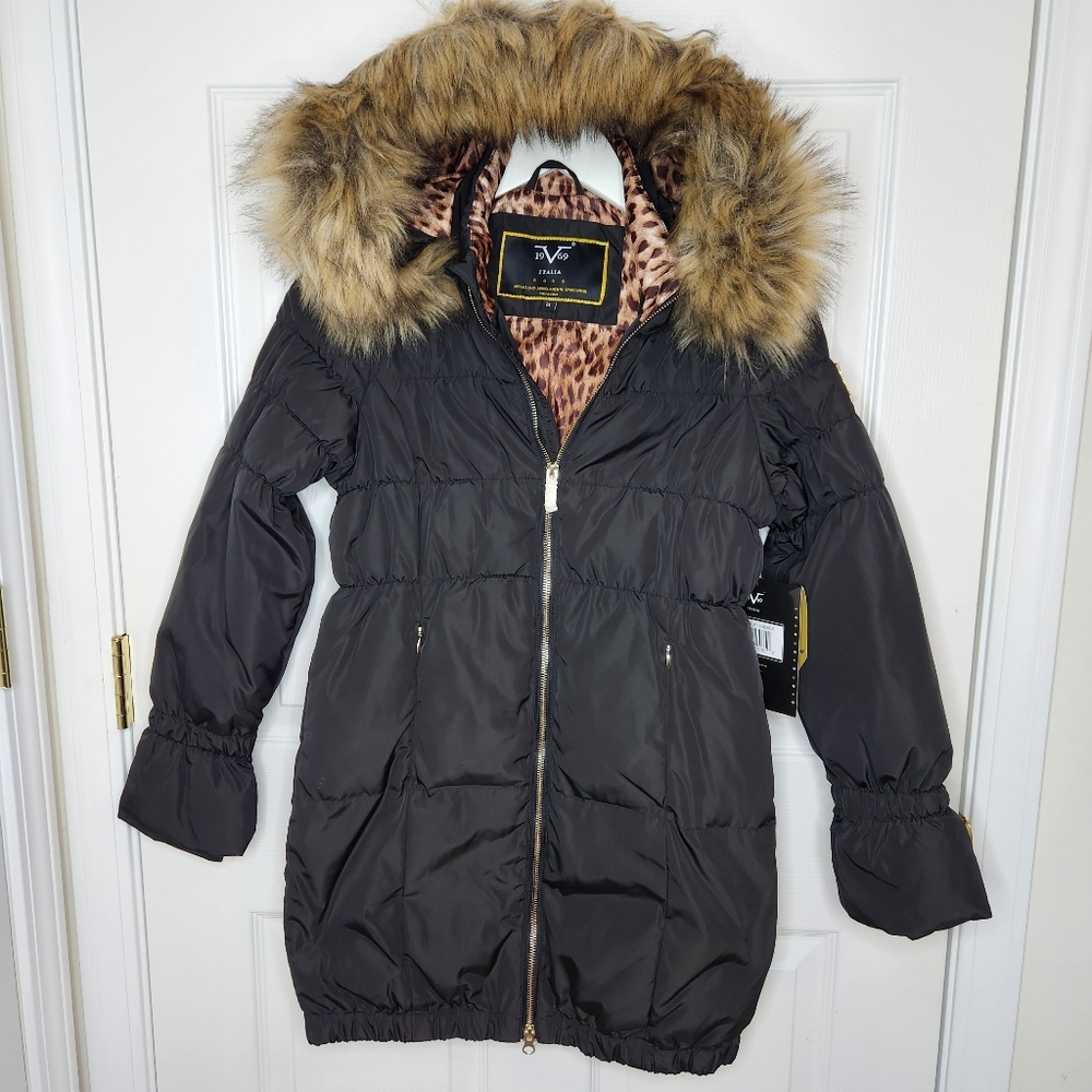 Kids Versace Italia 19V69 Black Puffer Jacket with Faux Fur Hood